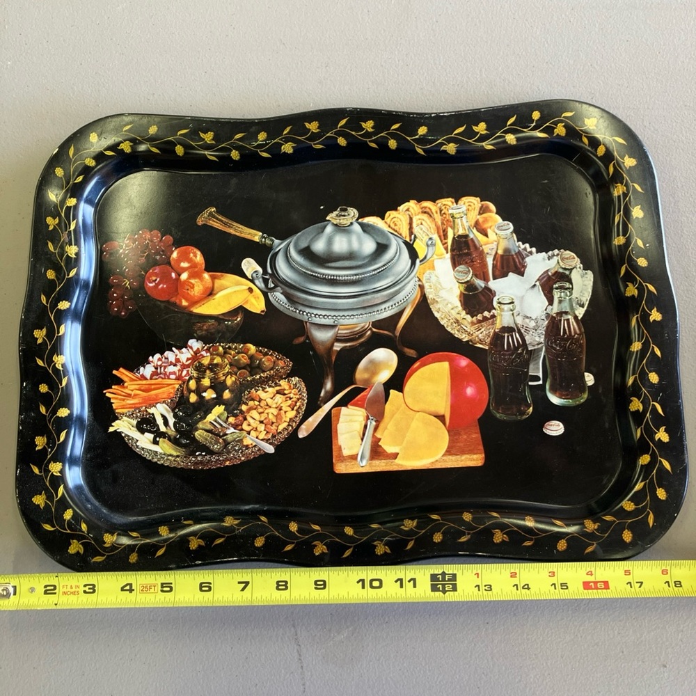 Vintage Black Serving Tray with Food Design